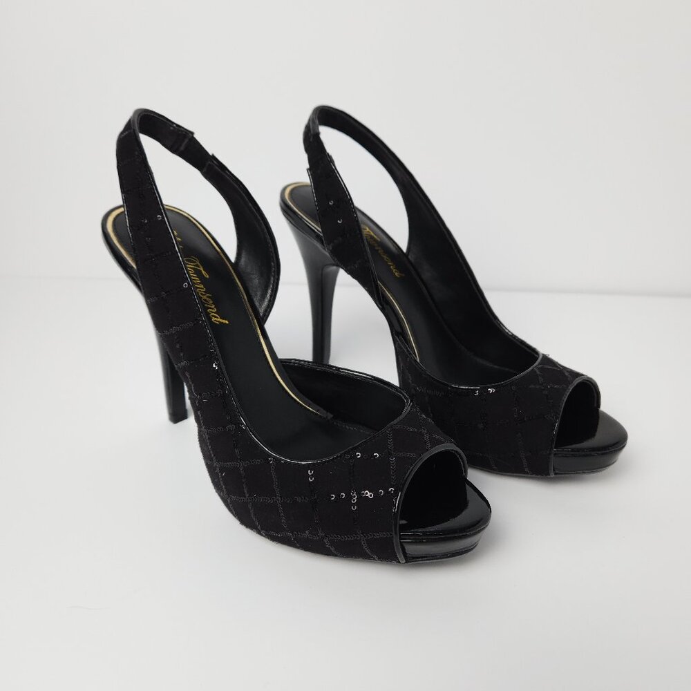 Black Sequin Peep Toe Slingback Heels Size 7.5 Lulu Townsend - New With Box